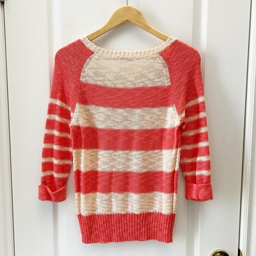 Ricki’s Sweater Lightweight Cotton Open Weave Coral Orange Stripes Size Small - Picture 7 of 15